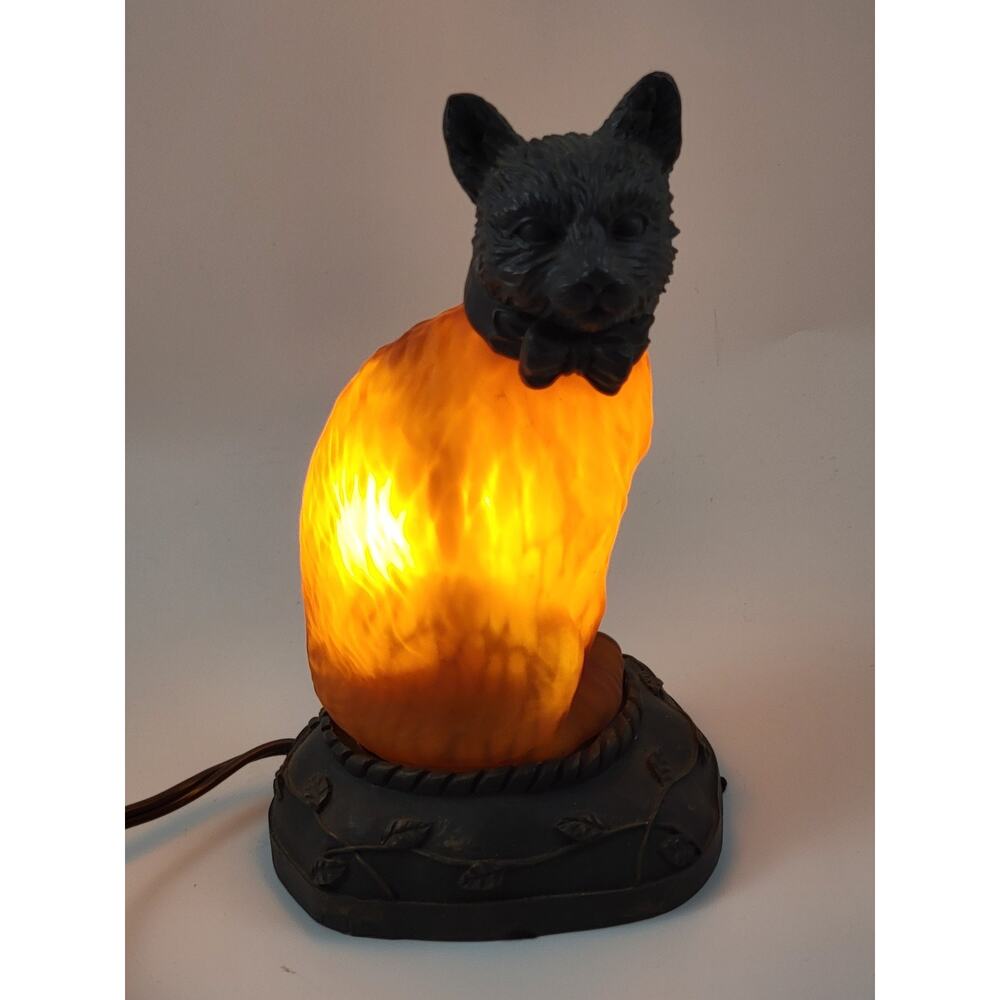 Tin Chi Style Cat Table Accent Lamp Resin & Amber Glass 7.5” Vintage - Works
